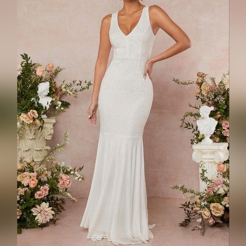 Lace Wedding Dress Size M Medium 5 6 7 8 Stretch Long Lined Bride Bridal White - Picture 2 of 15